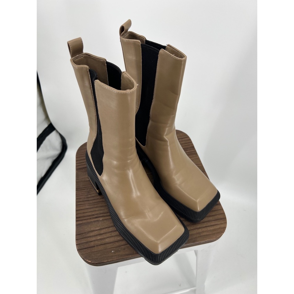 Charles & Keith Tan Beige Square Toe Platform Chelsea Boots Block Heel 39 - Picture 2 of 12